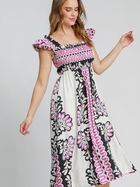 Umgee Pink and Black Floral Smocked Midi Dress